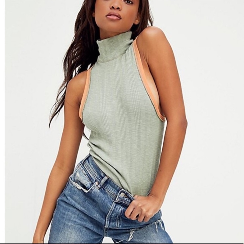 We The Free by Free People Marley Ribbed Mock-Neck Tank Top Green Orange Large